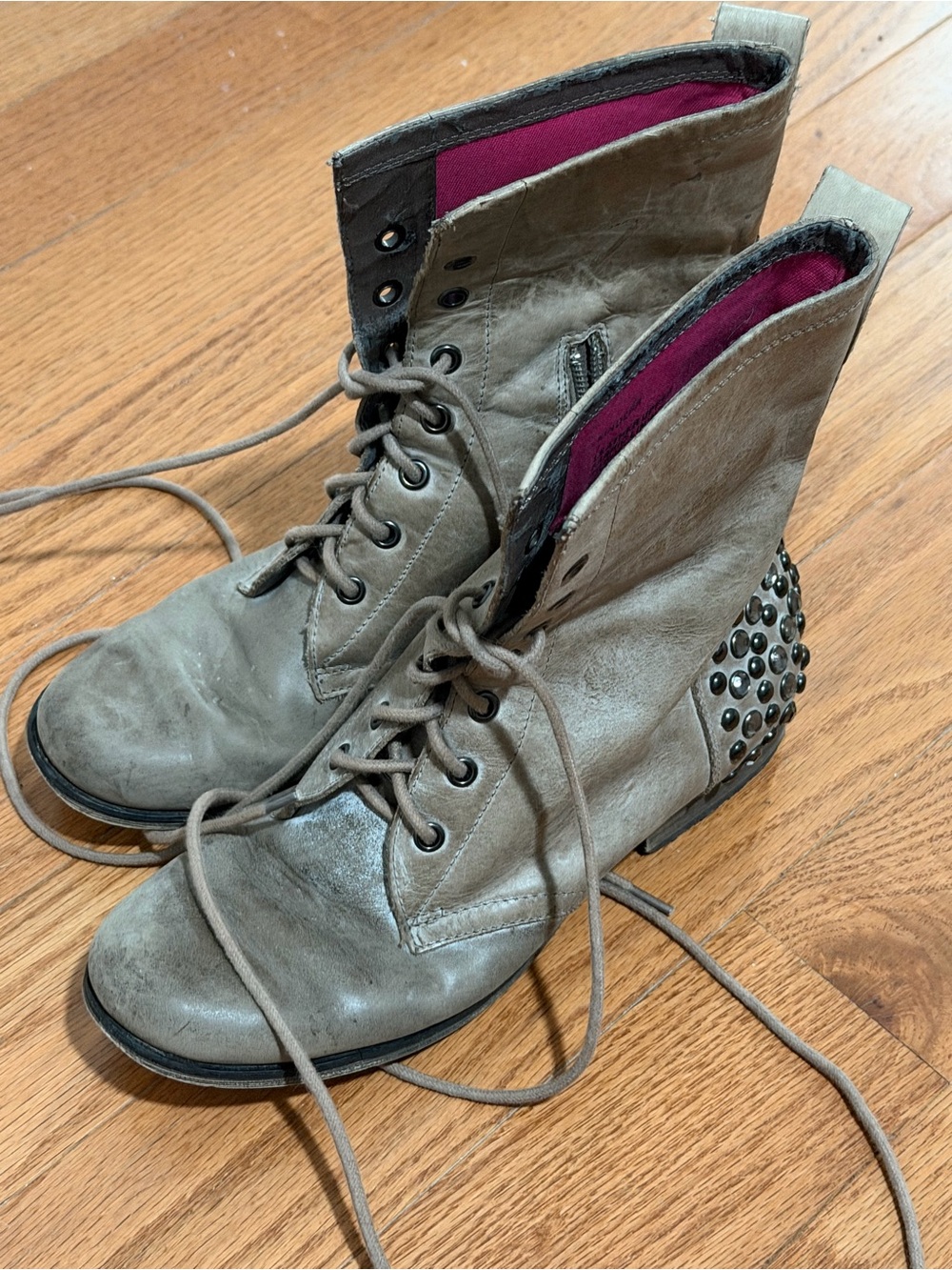 Women’s Taupe Lace-Up Studded Combat Boots